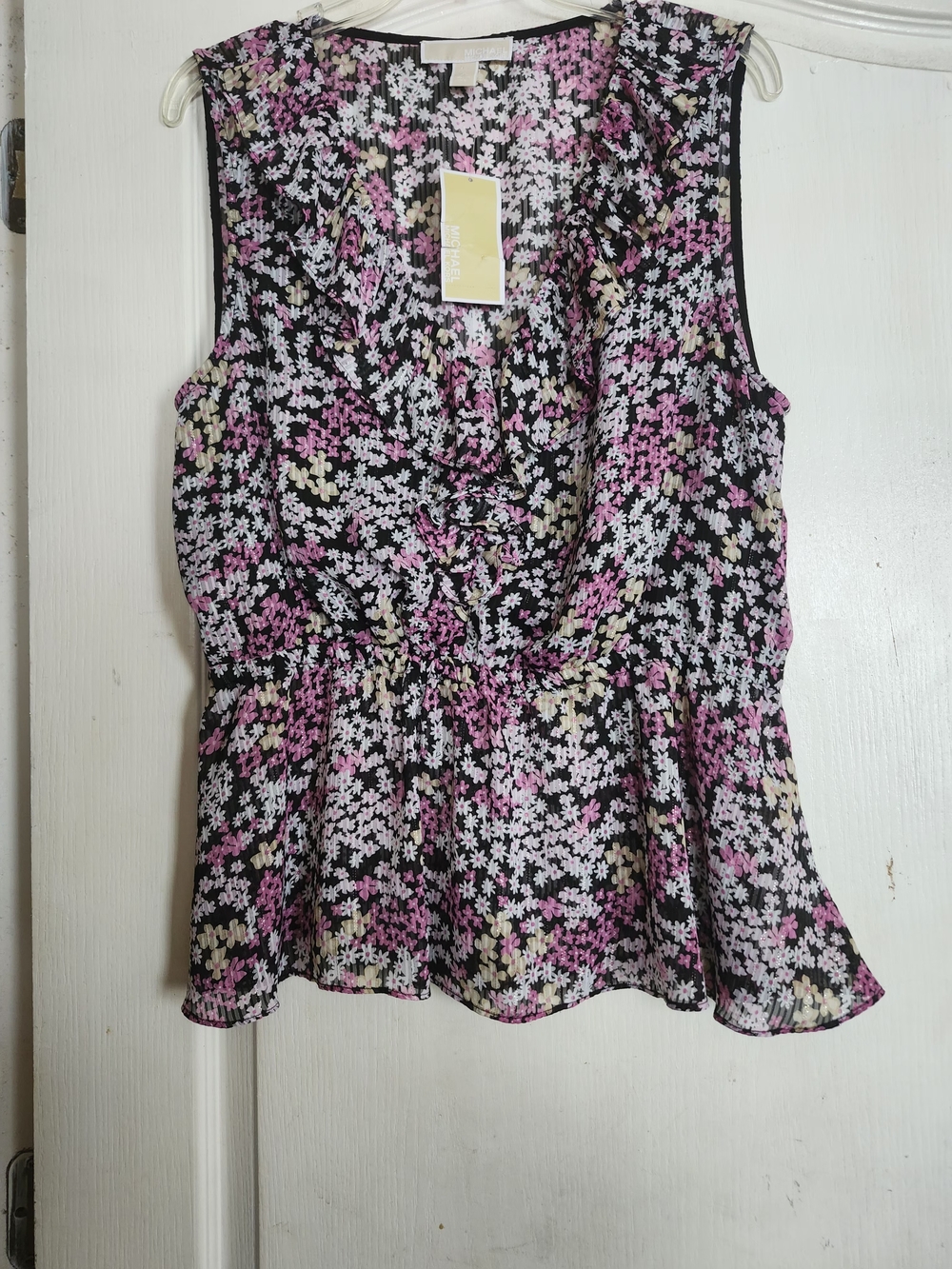 MK Sleeveless Floral Ruffle Peplum Top - Black with Pink & White Flowers